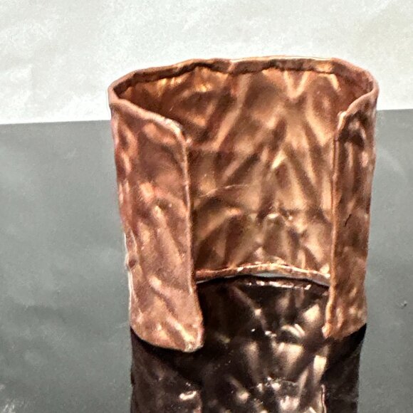 Solid Copper Cuff Bracelet Brutalist Modernist Handmade Statement Rustic Crinkle - Picture 8 of 13